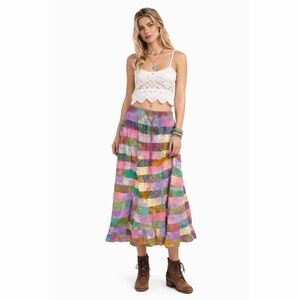 Phool x Vintage 90s Patchwork Rainbow Watercolor Midi Skirt